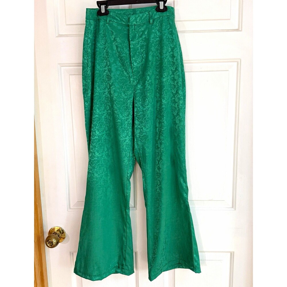 12th Tribe Green Satin Floral Jacquard High Rise Flare Pants Pockets
